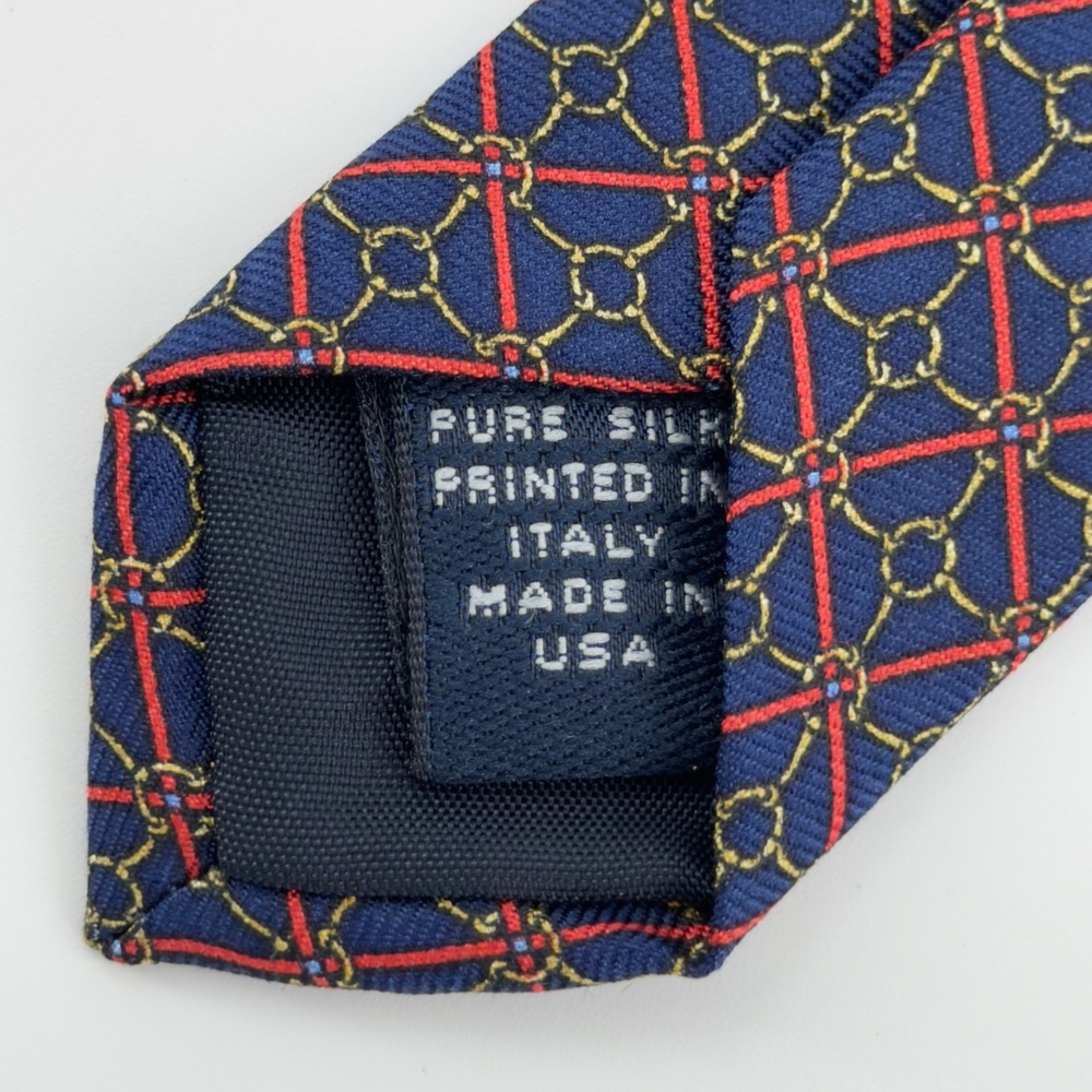 Brooks Brothers Makers Silk Tie Navy Blue Red Gold Chain Link Geometric - Picture 4 of 4